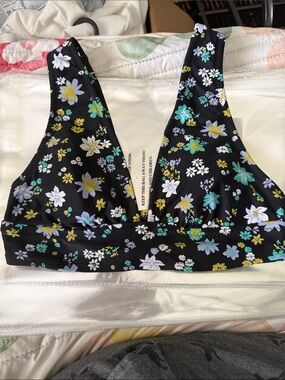 Shade & Shore Black Floral Bikini Top with Yellow, Teal & White Flowers 0049